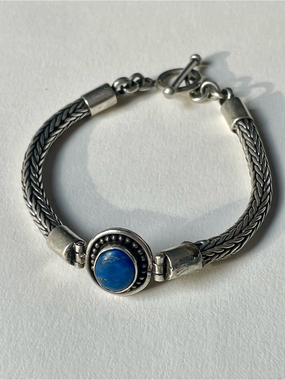 Vintage Balinese Sterling Silver 925 Woven Chain Lapis Blue Cabochon Bracelet